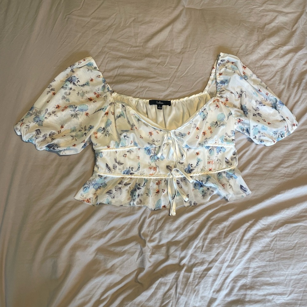 Lulu's Floral Puff Sleeve Top - Cream and Blue